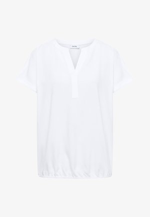 Blusa blanca de manga corta con escote en V y dobladillo elástico de la marca CECIL, mostrada sobre un fondo liso.