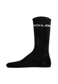 Schwarze Baumwollsocke mit geripptem Textur und weißem "JACK & JONES"-Logo nahe der Oberseite. Knöchellang mit klassischem Design.