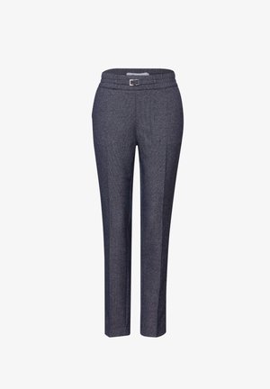 Ciemnoszare, dopasowane spodnie wąskiego kroju, z zakładką z przodu i małym klamrą przy elastycznym pasie.