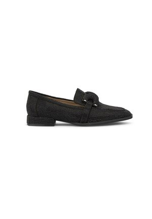 Black loafers with a textured upper, adorned with small studs, featuring a low square heel and a decorative knotted detail on the toe.