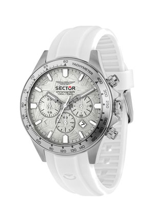 Orologio cronografo Sector argento con quadrante bianco testurizzato, tre contatori, finestra della data, ghiera tachimetrica e cinturino in gomma bianco.