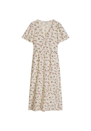 Cremefarbenes Midikleid mit kurzen Ärmeln, V-Ausschnitt und kleinem roten, blauen und braunen Blumenmuster überall.