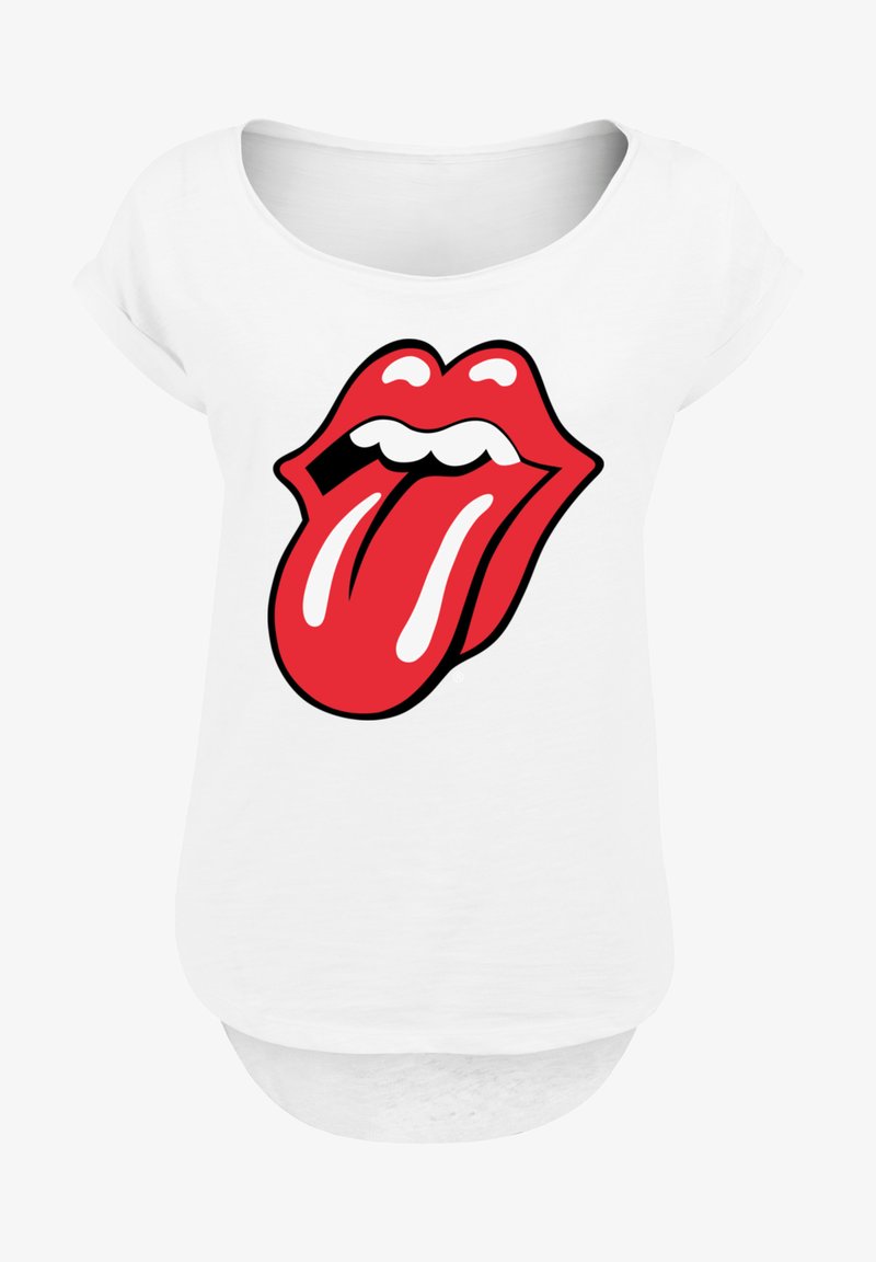 White short-sleeve t-shirt featuring a large red tongue and lips graphic in a bold, graphic art style, with a round neckline and curved hem.