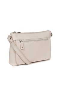 Borsa a tracolla in pelle color beige chiaro con chiusura a zip, ampio scomparto principale e tasca frontale con zip. Presenta una tracolla regolabile.