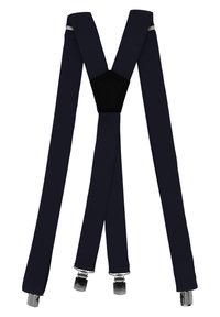 Navy blue fabric suspenders with a textured finish, featuring metal clips and a black fabric back piece. Adjustable for fit.