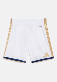 White athletic shorts featuring gold satin side stripes and a navy blue hem, made of lightweight material with an elastic waistband.