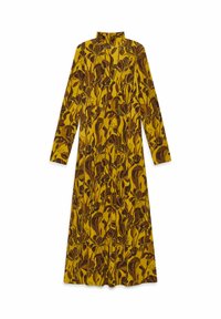 Langärmeliges Kleid mit Stehkragen aus weichem Stoff, mit gelbem Hintergrund und braunen Blumenmustern durchgehend.