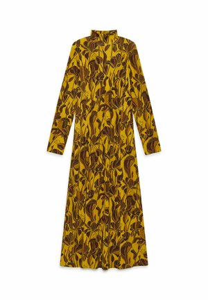 Abito a maniche lunghe con collo alla coreana, realizzato in tessuto morbido, caratterizzato da uno sfondo giallo con motivi floreali marroni su tutta la superficie.