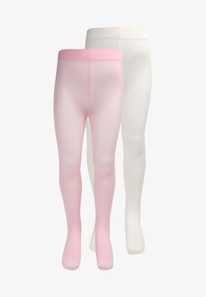 Two pairs of tights: one is light pink with a soft texture and a pink waistband, the other is white with a plain elastic waistband.