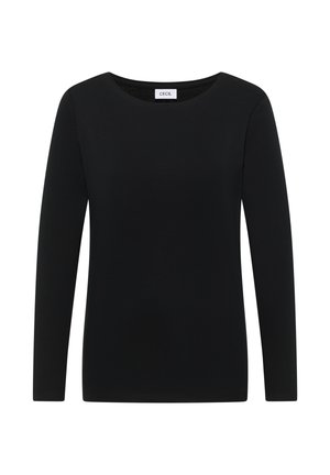 Černá dámská dlouhá rukávová košile vyrobená z měkké tkaniny s kulatým výstřihem. Má jednoduchý, elegantní design bez vzorů nebo akcentů.