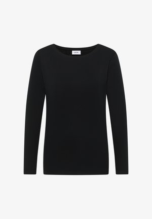 Schwarzes Langarmshirt aus weichem Stoff mit Rundhalsausschnitt. Verfügt über ein einfaches, elegantes Design ohne Muster oder Akzente.