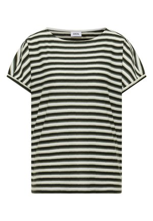 Chemise à manches courtes avec des rayures horizontales noires, blanches et vert olive, encolure ronde, et étiquette "CECIL" à l'intérieur du col.