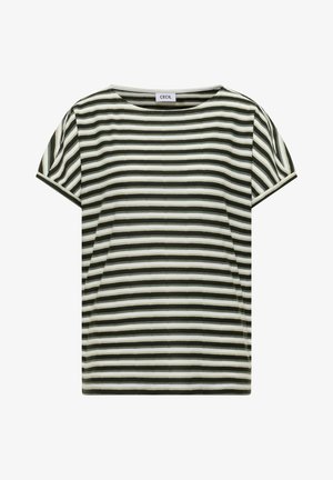 Camisa de manga corta con rayas horizontales en negro, blanco y verde oliva, escote redondo y etiqueta "CECIL" dentro del cuello.
