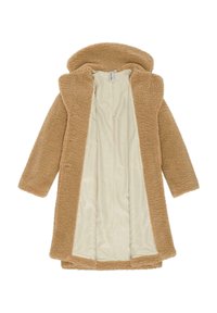 Cappotto in pile di colore beige con cappuccio, dotato di una morbida fodera crema. Ha maniche lunghe e design aperto sul davanti.