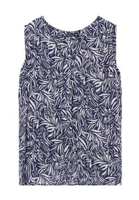 Top senza maniche di colore blu navy con motivo a foglie bianche. Presenta un collo rotondo e dettagli plissettati, realizzato in tessuto leggero.