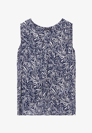 Top senza maniche di colore blu navy con motivo a foglie bianche. Presenta un collo rotondo e dettagli plissettati, realizzato in tessuto leggero.