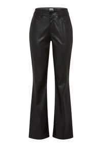 Pantalons évasés en simili cuir noir avec une texture lisse, taille mi-haute et design à cinq poches, présentant une finition brillante et une coupe ajustée.