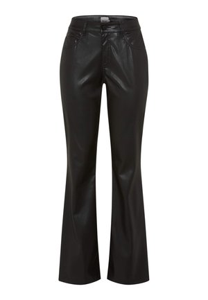 Pantaloni a zampa d'elefante in finta pelle nera con una consistenza liscia, vita media e design a cinque tasche, caratterizzati da una finitura lucida e una vestibilità su misura.
