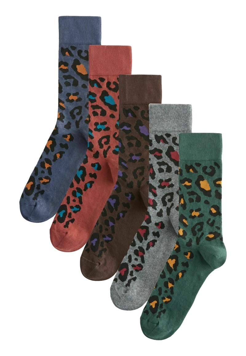Five pairs of crew socks in various colors (blue, rust, brown, gray, green) with contrasting animal print patterns in vibrant hues.