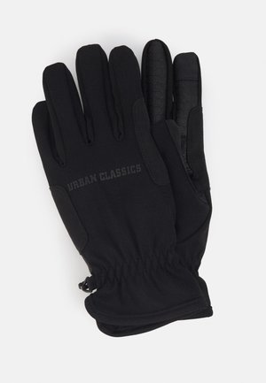 Black gloves made of textured fabric with a snug fit, featuring rubberized grip accents on the fingers and an elastic cuff for secure wear.