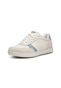 White athletic shoe featuring a suede and leather upper, blue accents, perforated details, and a thick rubber sole.