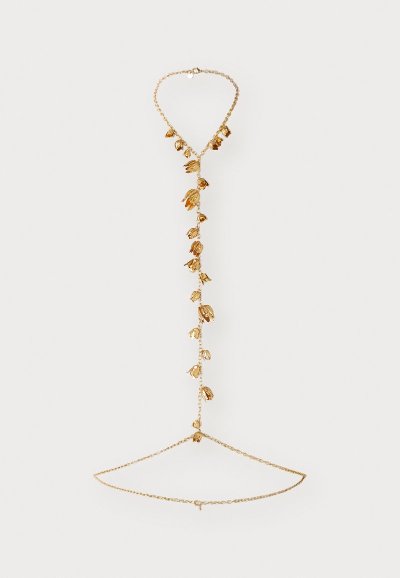 Gold-tone jewelry featuring a delicate chain with leaf-shaped accents, creating a cascading design. Smooth surface with structured details.