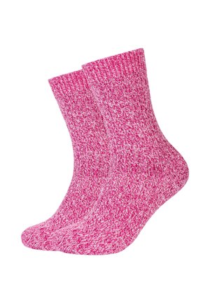 Pair of bright pink and white marled knit crew socks with a ribbed texture, shown side by side.