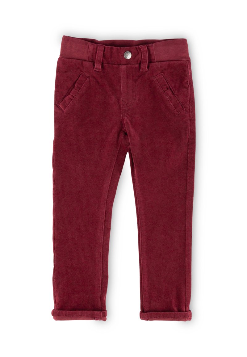 Burgunderfarbene Cord-Hosen mit glatter Textur, entspannter Passform, zwei Fronttaschen und umgeschlagenem Saum. Metallknopf-Akzent an der Taille.