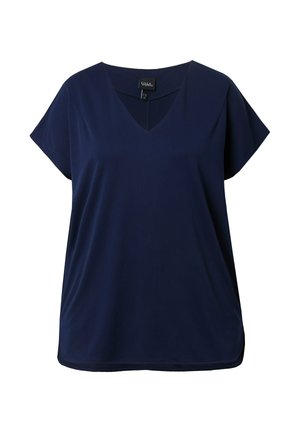 Haut bleu marine à manches courtes avec un décolleté en V, fabriqué dans un tissu lisse, avec une coupe ample et un ourlet arrondi.