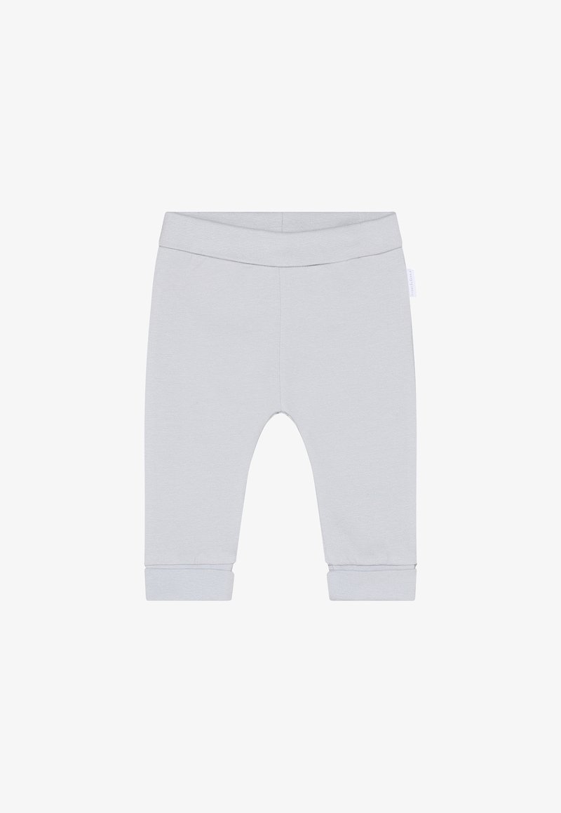 Leggings en coton gris clair avec une ceinture douce, une coupe ajustée et des ourlets à revers. Texture lisse, sans motifs ni décorations.