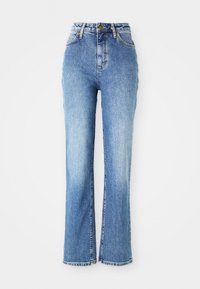 Hoge taille blauwe spijkerbroek met een uitlopende pijp, met een lichteWasbeurt, subtiele vervaging en rafelige zomen met klassieke stikseldetails.