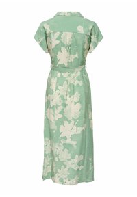 Robe midi fleurie verte et blanche avec manches courtes, un col et une ceinture assortie, vue de dos.