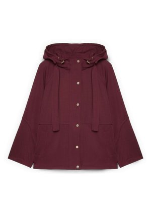 Vinrød hættejakke med trykknapper foran, justerbare hættestropper, lange vide ærmer og to lommer foran.