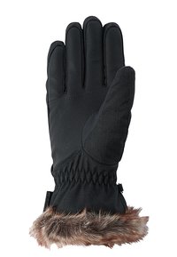 Gants noirs avec une paume en cuir texturé et un poignet en fourrure douce. Le design comprend six doigts et un ajustement serré au niveau du poignet.