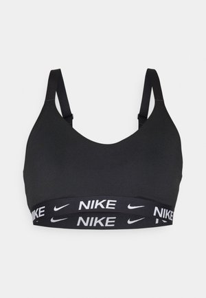 Zwarte sportbeha met een gladde afwerking, uitgerust met verstelbare banden en een gebrandmerkte elastische band met witte "Nike" tekst.