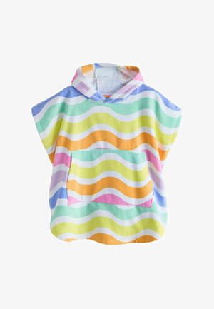 Capuchonponchohanddoek met korte mouwen, voorzak en golvende strepen in pastelblauw, groen, geel, oranje, roze en wit.