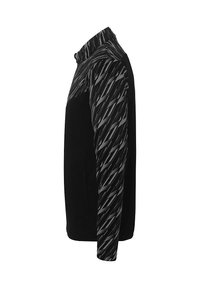 Sort fleecejakke med et mønstret gråt design på skuldrene og ærmerne, med høj krave og sidelommer.