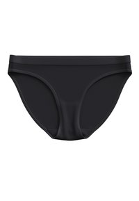 Mutande nere in stile bikini realizzate in tessuto morbido, caratterizzate da un taglio a vita bassa, senza motivi visibili e con elastico in vita e alle aperture delle gambe.