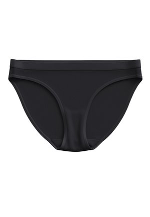 Zwarte bikini-achtige onderbroek van gladde stof, met een lage taille, zonder zichtbare patronen, en met een elastische tailleband en beenopeningen.