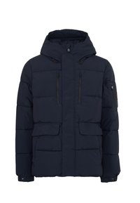 Giubbotto imbottito blu scuro con cappuccio, dotato di due tasche sul petto e due tasche frontali, texture liscia e design a cuciture orizzontali.