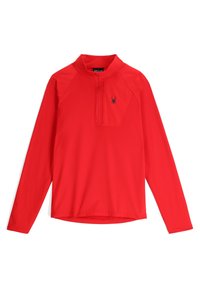 Roter Pullover mit langen Ärmeln und halbem Reißverschluss, der ein strukturiertes Muster aufweist und ein schwarzes Spinnenlogo auf der linken Brustseite hat.