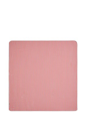 Rectangular fabric with vertical, evenly spaced red and white stripes, edges rounded, lying flat against a white background.