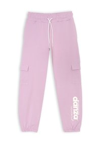 Pantaloni tuta lilla con vita elasticizzata e lacci bianchi, dotati di tasca e logo "danza" stampato sulla gamba sinistra.