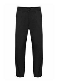 Mustat suoralahkeiset housut, jotka on valmistettu sileästä kankaasta. Niissä on napillinen kiinnitys, vyölenkit ja etuosan laskokset tyyliteltyä ulkonäköä varten.