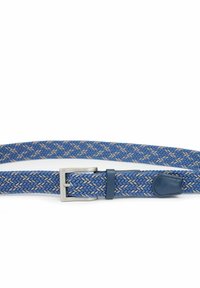 Geweven blauwe riem met een zilveren metalen gesp. Heeft een textuurdesign met lichtbruine accenten en een blauwe leren houder.