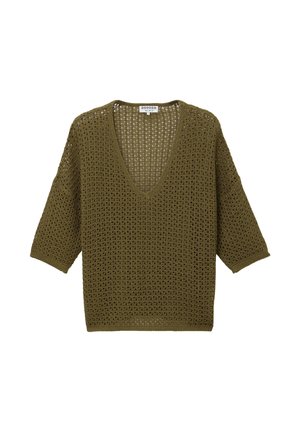 Oliwkowozielony sweter z otwartym splotem, dekoltem w serek i rękawami do łokcia, zaprojektowany na luźne, przewiewne dopasowanie.