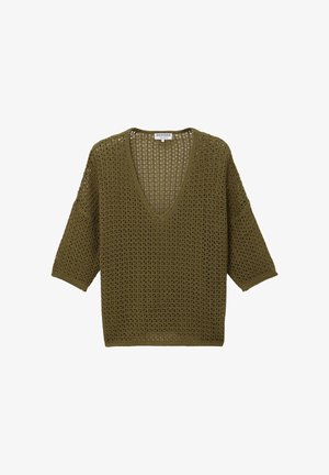 Oliwkowozielony sweter z otwartym splotem, dekoltem w serek i rękawami do łokcia, zaprojektowany na luźne, przewiewne dopasowanie.