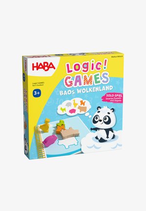 Toy box packaging features a yellow background, playful graphics, colorful animal shapes, and a panda illustration. Text includes "Logic! GAMES."