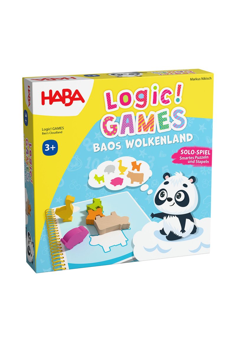 Toy box packaging features a yellow background, playful graphics, colorful animal shapes, and a panda illustration. Text includes "Logic! GAMES."