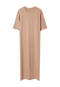 Jasno beżowa maxi sukienka T-shirt, wykonana z miękkiej bawełny, z krótkimi rękawami, okrągłym dekoltem i prostym, luźnym krojem. Bez wyraźnych wzorów.